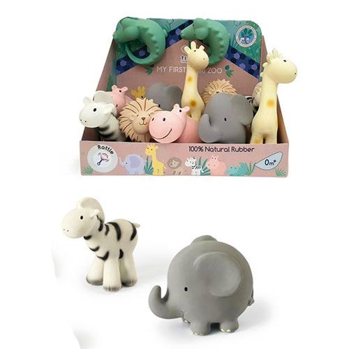 Collectie Tikiri bijt- en badspeelgoed van safari dieren in de verpakking.