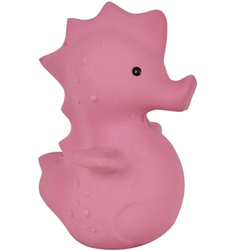 Tikiri roze zeepaardje bijt- en badspeelgoed met rammelaar, schuin gefotografeerd.