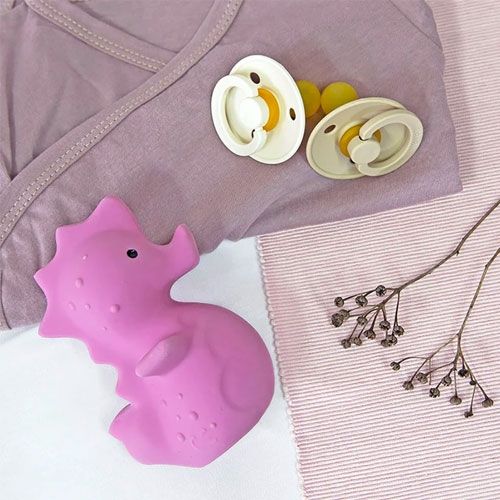 Een roze dinosaurus bijtspeeltje, twee fopspenen en een paarse romper op een lichte ondergrond.
