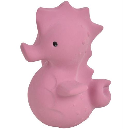 Tikiri roze zeepaardje bijt- en badspeelgoed met rammelaar, van voren gefotografeerd.