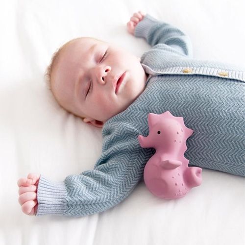 Een slapende baby in een blauw pakje ligt naast een Tikiri roze zeepaardje bijtspeeltje.