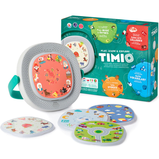 Timio audio- en muziekspeler met vier themaschijven en de productverpakking.