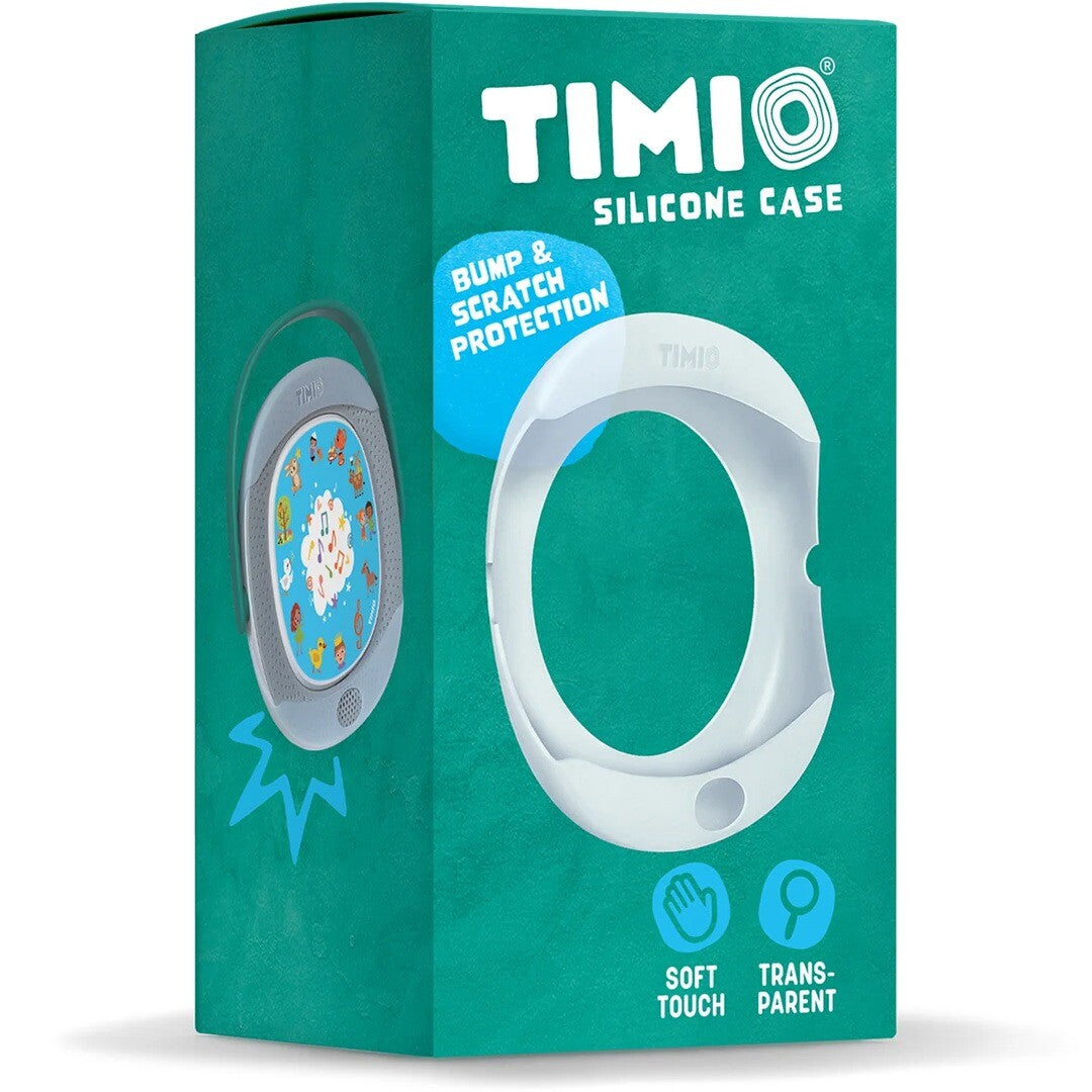 Verpakking van de Timio siliconen beschermhoes met een afbeelding van de hoes en de Timio speler.