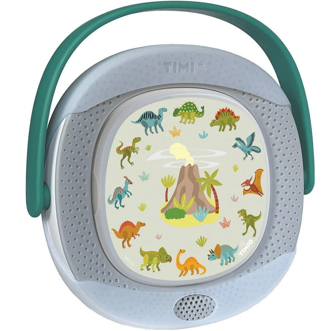 Timio speler met een groen handvat en een dinosaurus thema disc met vulkaan en verschillende dino's.