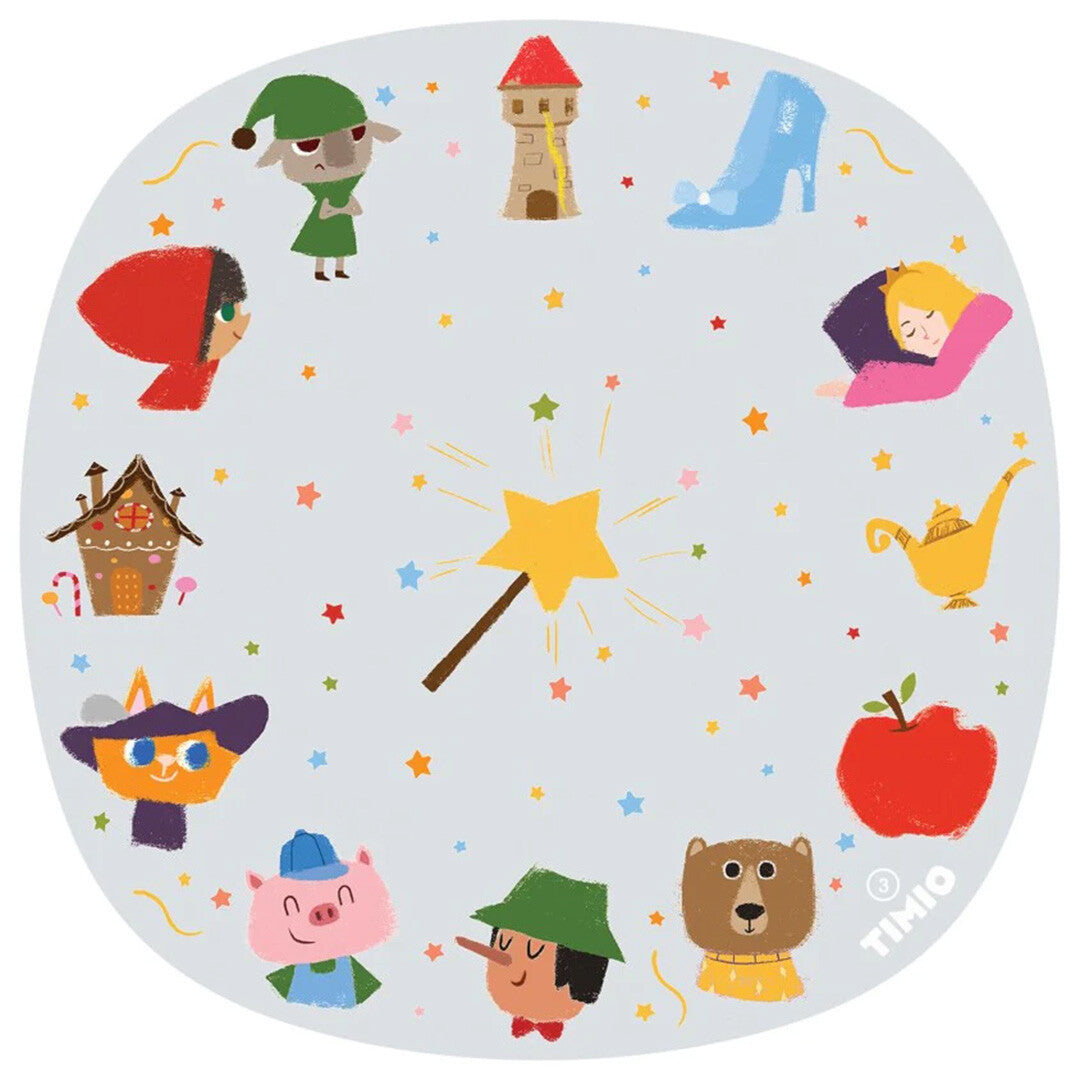 Een Timio educatieve schijf met sprookjesfiguren en objecten zoals Roodkapje, een toverstaf en een glazen muiltje.
