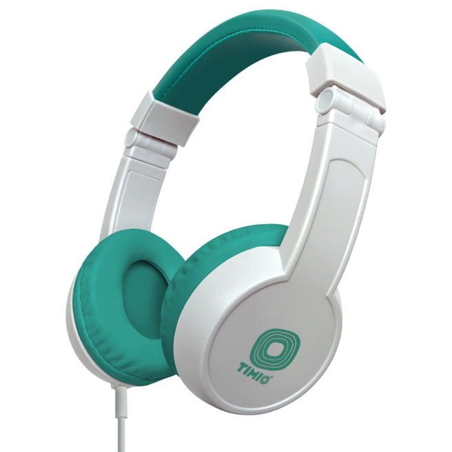 Timio kinderkoptelefoon in wit en groen met logo op de oorschelp.