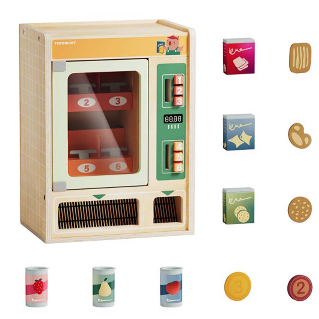 Topbright houten speelgoed verkoopautomaat met een overzicht van alle bijbehorende houten snacks en munten.