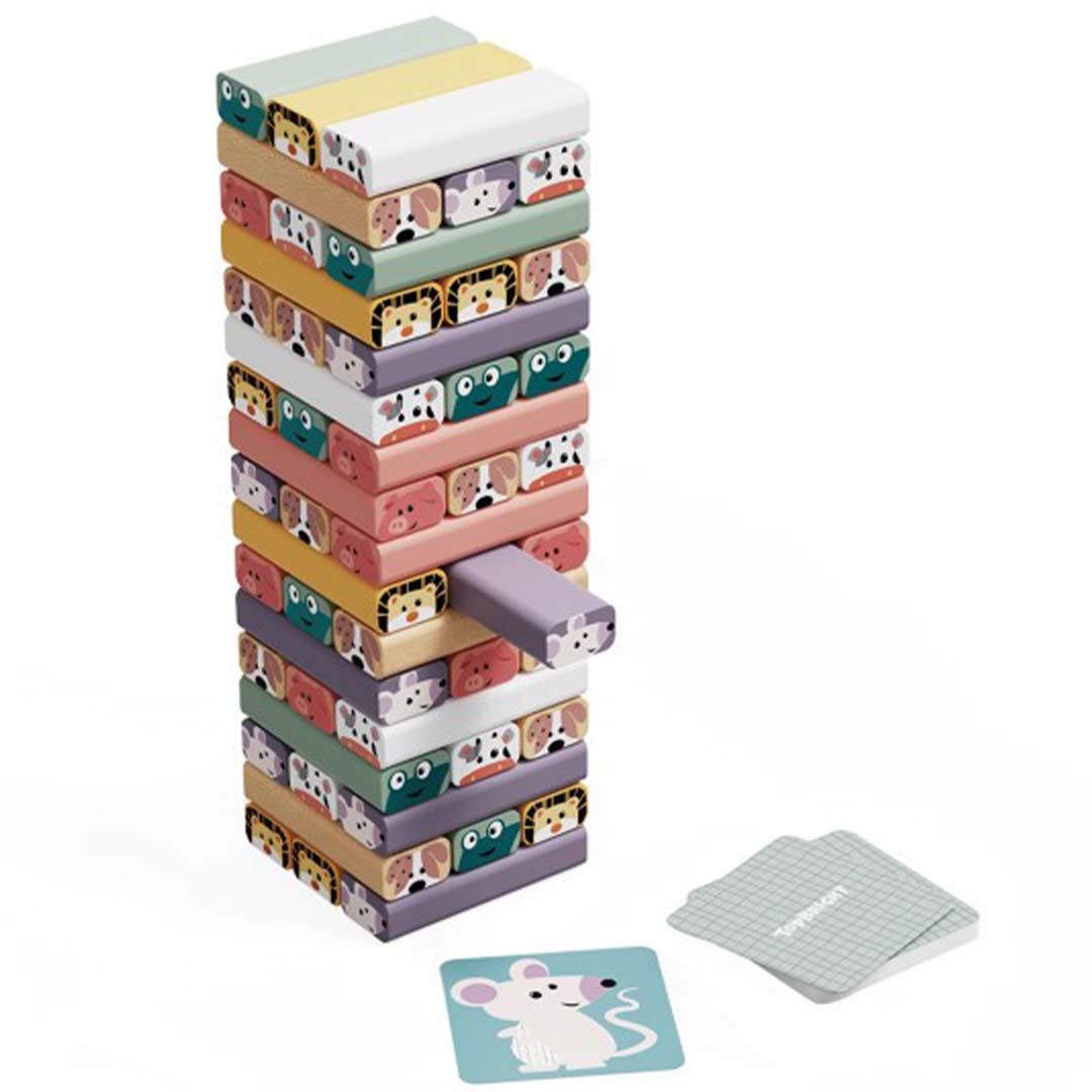 Topbright wiebeltoren dierenspel met een toren van gekleurde blokken en speelkaarten.