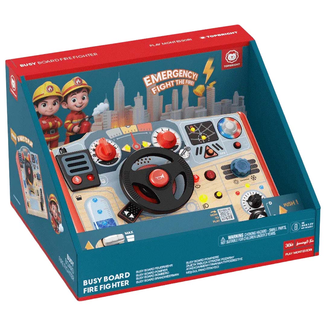 De verpakking van het Topbright activiteitenpaneel Fire Fighter, met daarop het speelgoedstuur en illustraties van brandweermannen.