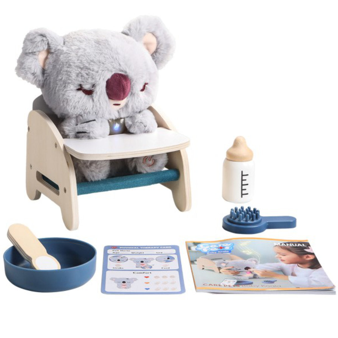 Topbright interactieve knuffelkoala speelset met koala in kinderstoel, flesje, borstel, kom en kaarten.