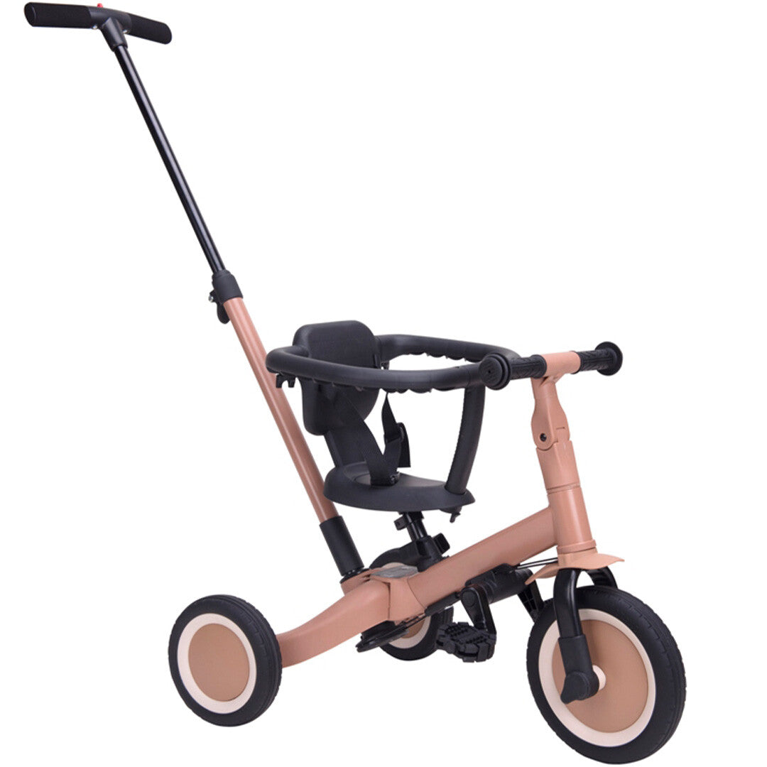 Topmark 5-in-1 kinderfiets in driewielerstand met duwstang, in macchiato bruin.