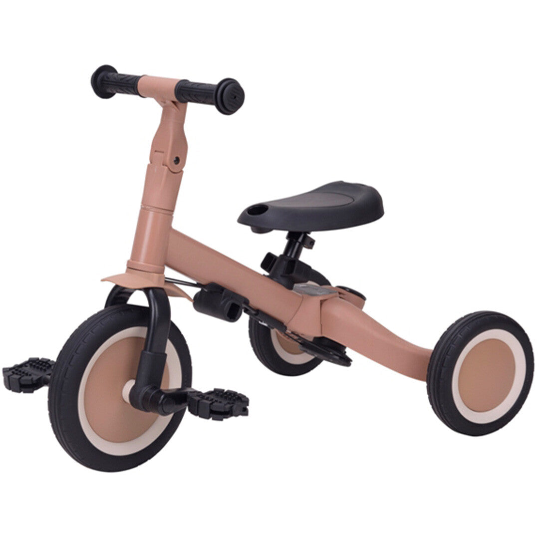 Topmark 5-in-1 kinderfiets in driewielerstand met pedalen, in macchiato bruin.