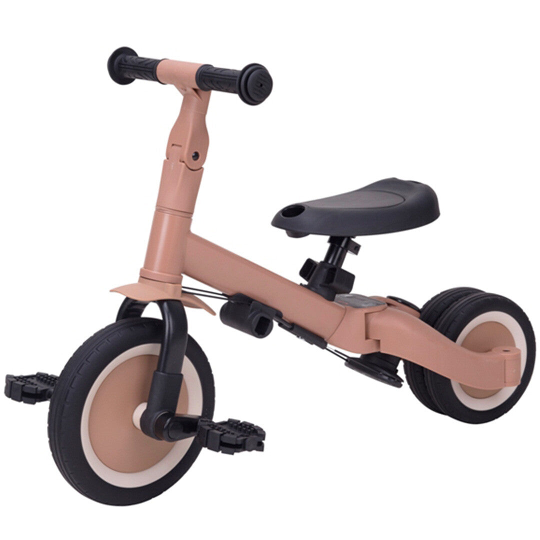 Topmark 5-in-1 kinderfiets in loopfietsstand met pedalen, in macchiato bruin.