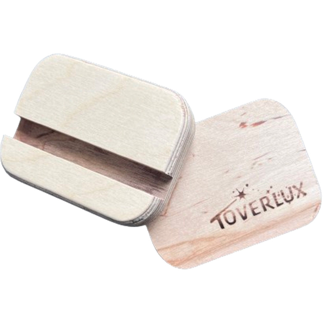 Toverlux houten standaard voor een toverplaat lijst, met een losse houten plaat met het Toverlux logo.