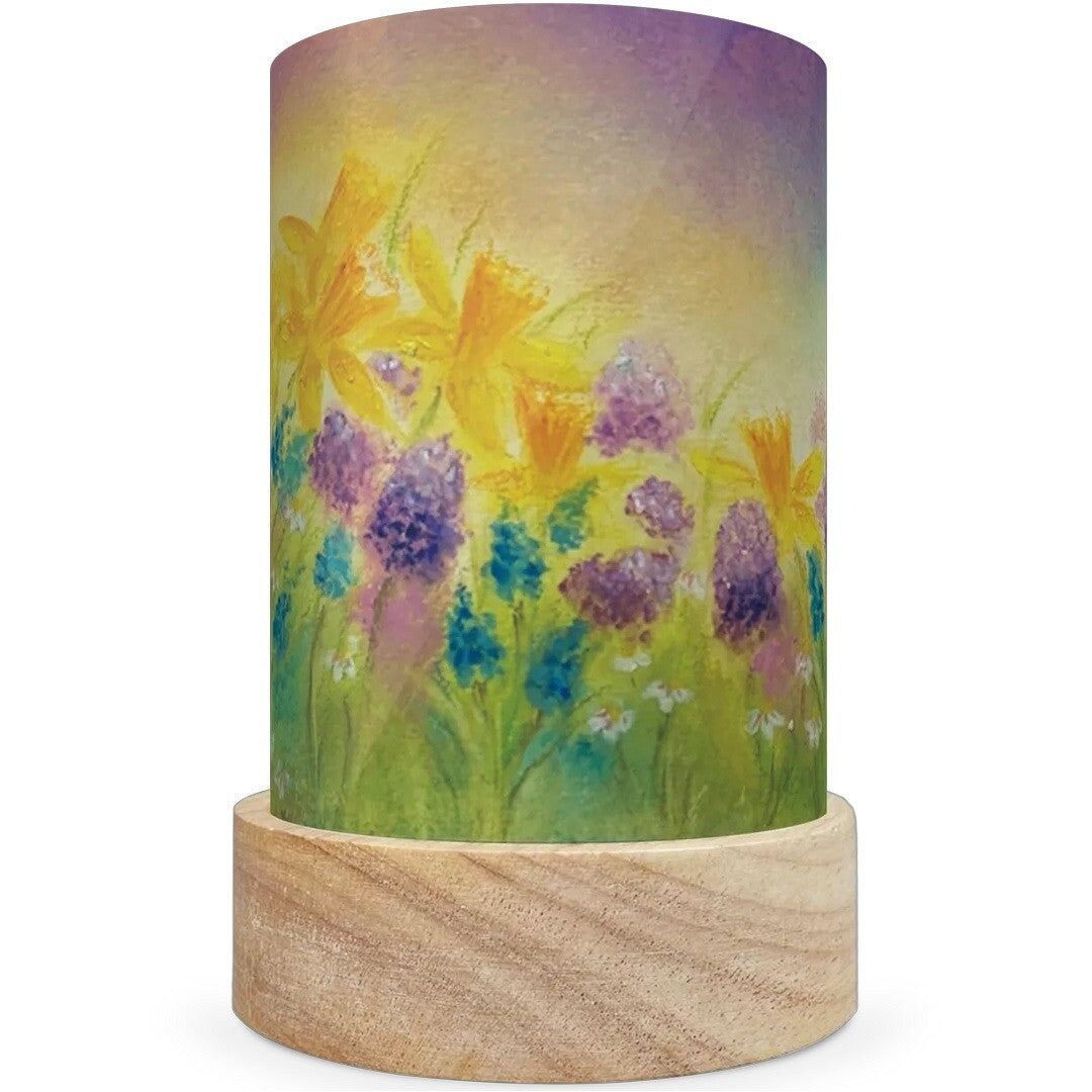 Toverlux lichtkaart voor een lantaarn met een illustratie van gele narcissen en paarse bloemen.