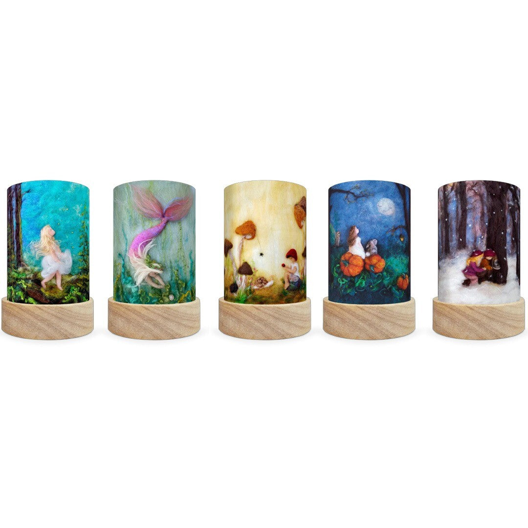 Vijf Toverlux lichtkaarten voor een lantaarn, elk met een ander seizoens- of fantasiethema, op houten voetjes.