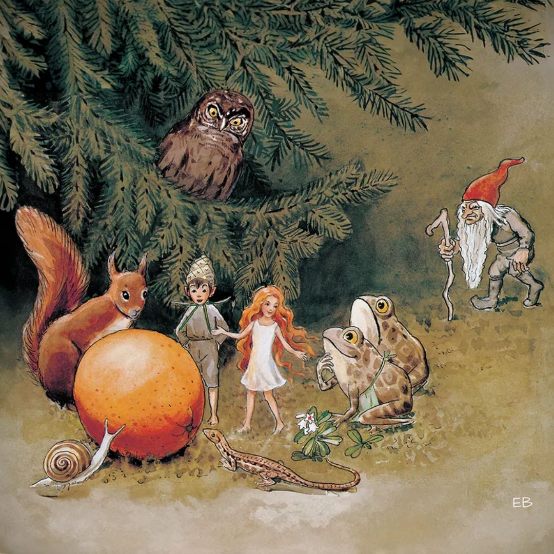 Gedetailleerde illustratie van een toverplaat met een bosbijeenkomst van dieren, kinderen en een kabouter.