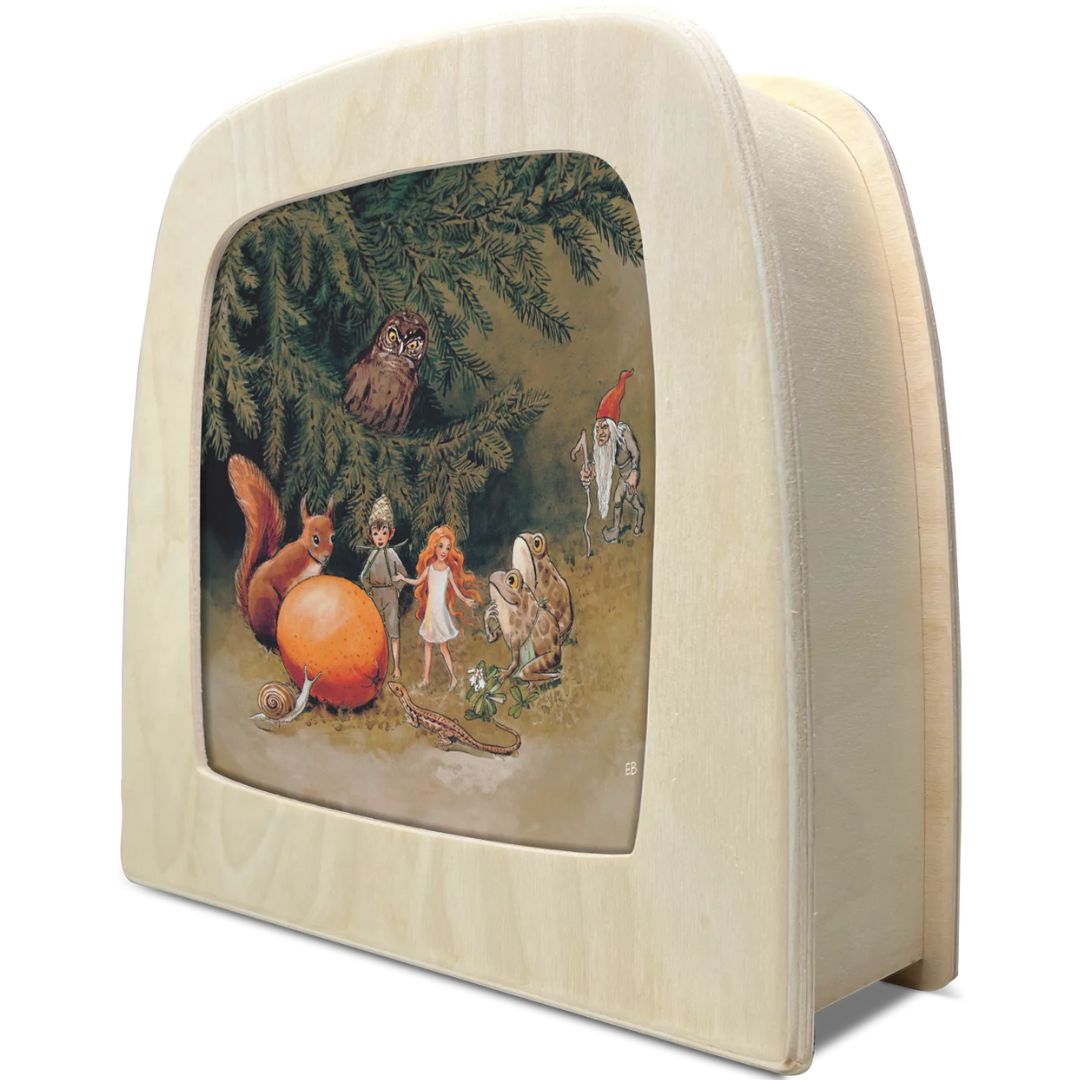 Toverlux toverplaat met een bosbijeenkomst van dieren en figuren, geplaatst in een houten toverlamp.