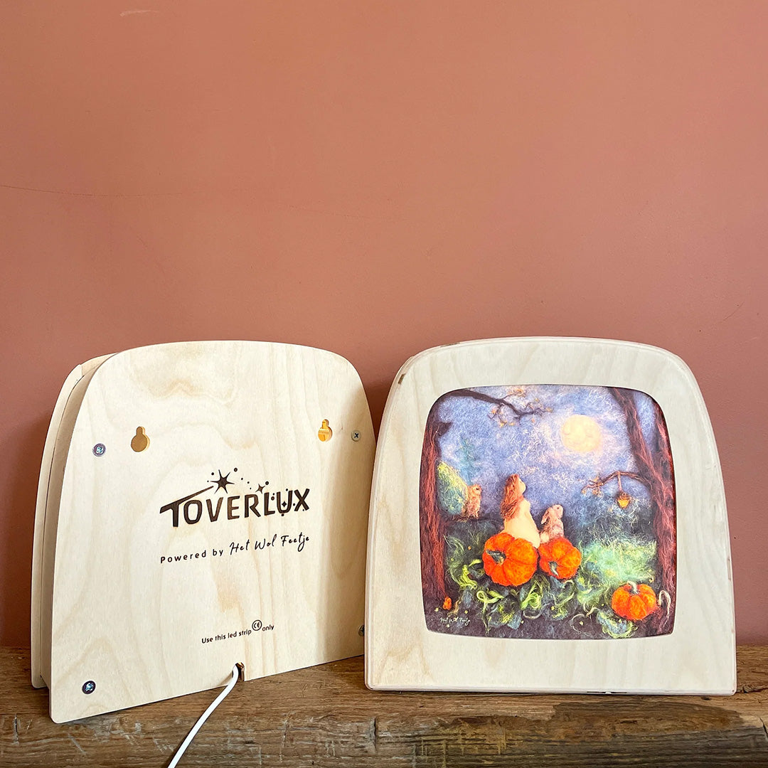 Twee toverlux toverlampen, waarvan één de achterkant met merklogo en snoer toont en de ander een verlichte plaat met muizen en pompoenen.