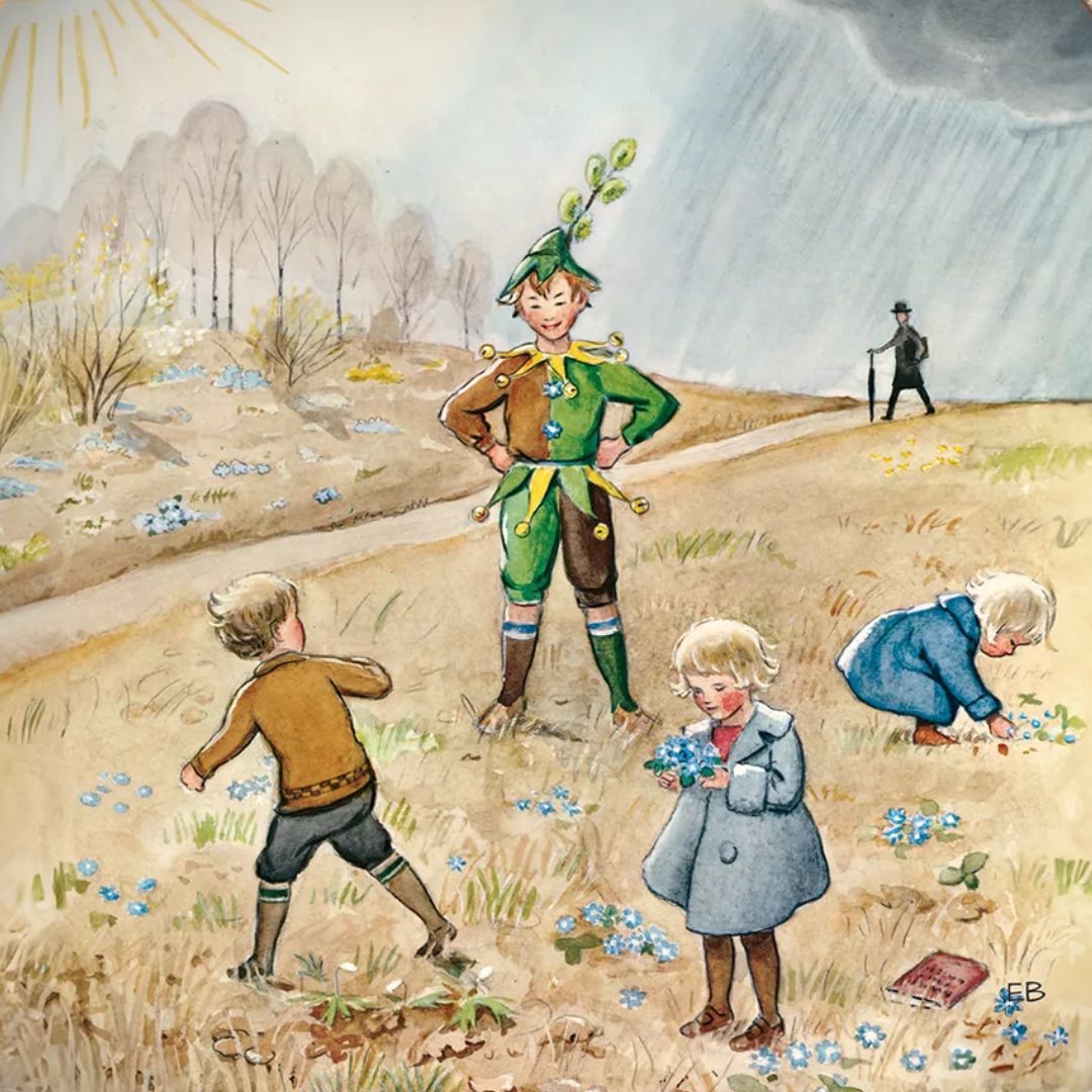 Toverlux toverplaat met een illustratie van kinderen en een nar in een lentelandschap met bloemen, zon en regen.