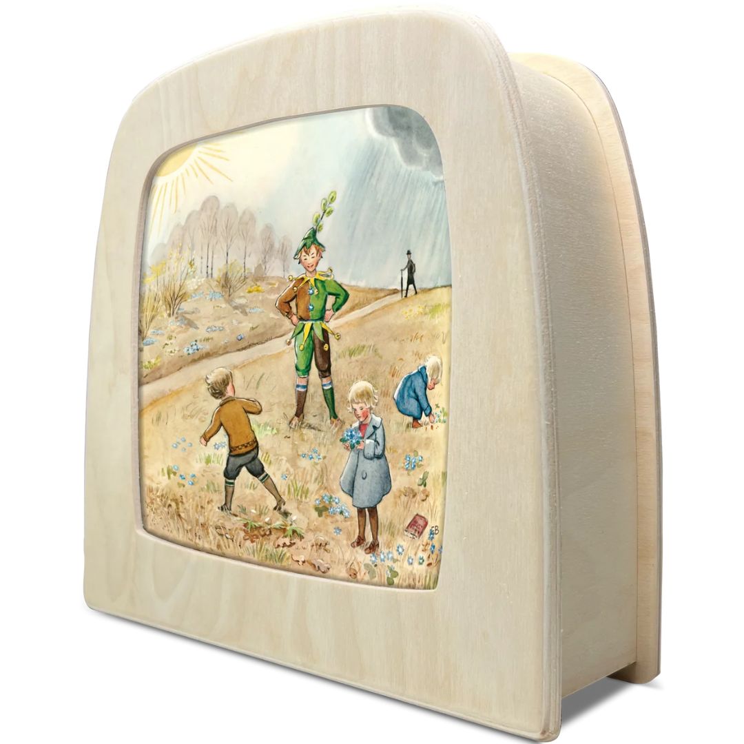 Toverlux toverlamp met de illustratie van kinderen en een nar in een lentelandschap.