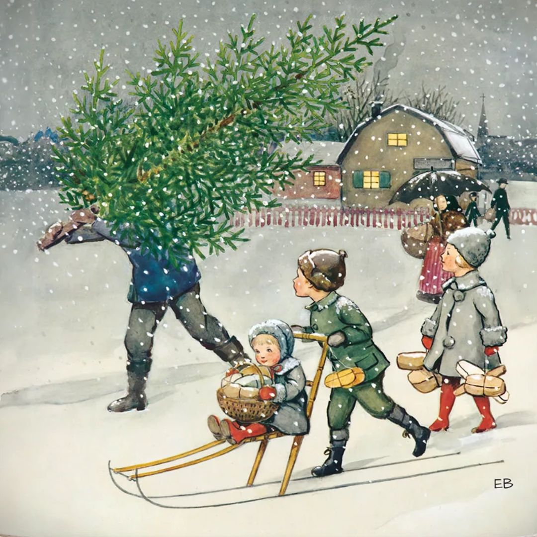 Toverlux toverplaat met een winterse kerstscène van mensen in de sneeuw die een kerstboom dragen en sleeën.