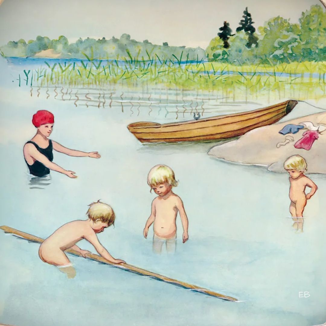 Toverlux toverplaat met een illustratie van kinderen en een volwassene die zwemmen in een meer met een boot.