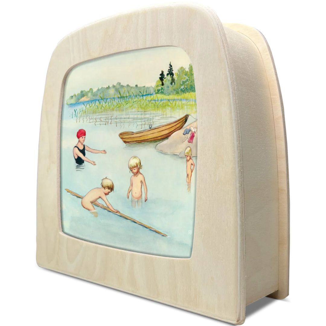 Toverlux toverlamp met de toverplaat van zwemmende kinderen in een meer.