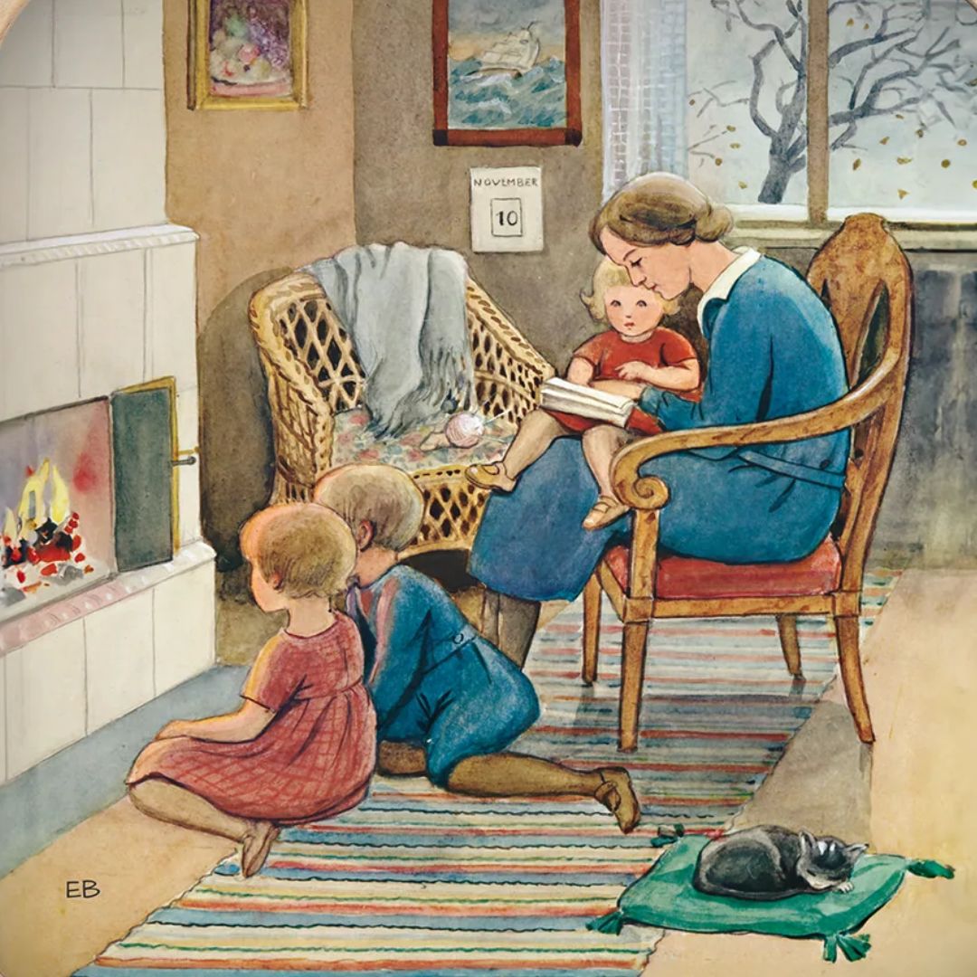Toverlux toverplaat met een illustratie van een moeder die voorleest aan drie kinderen bij de open haard in november.