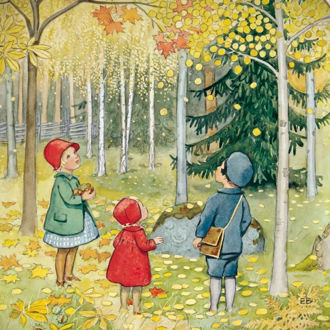 Toverlux toverplaat met een illustratie van drie kinderen in een herfstbos.