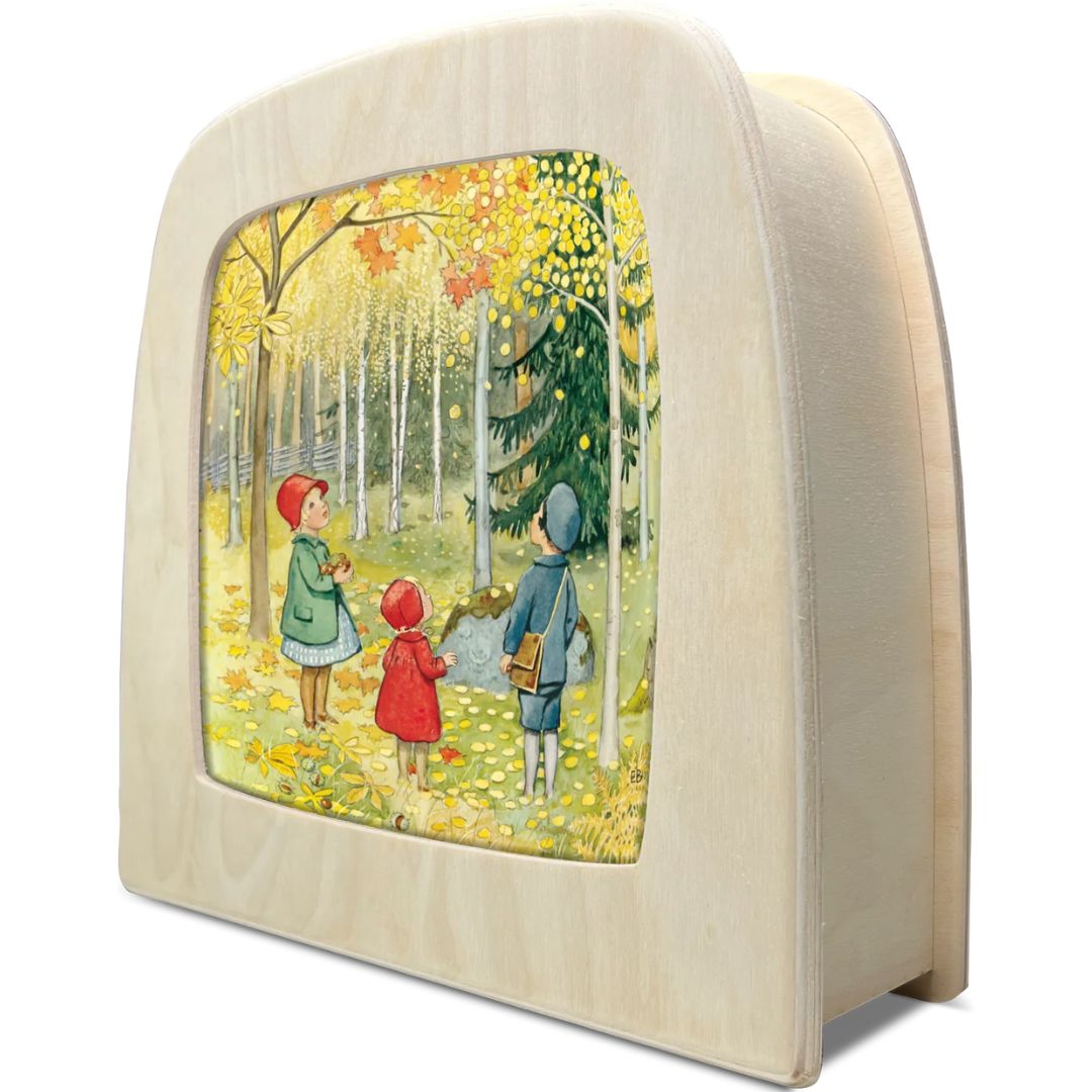 Toverlux toverplaat 'Het jaar rond - oktober' met herfsttafereel in een houten toverlamp.