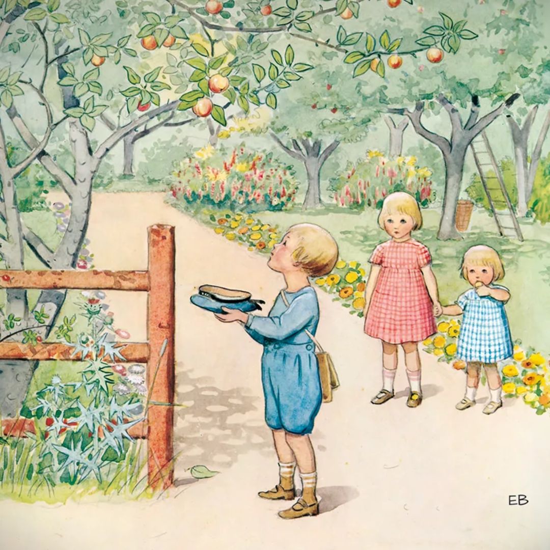 Illustratie van drie kinderen in een appelboomgaard, met een jongen die naar appels kijkt.
