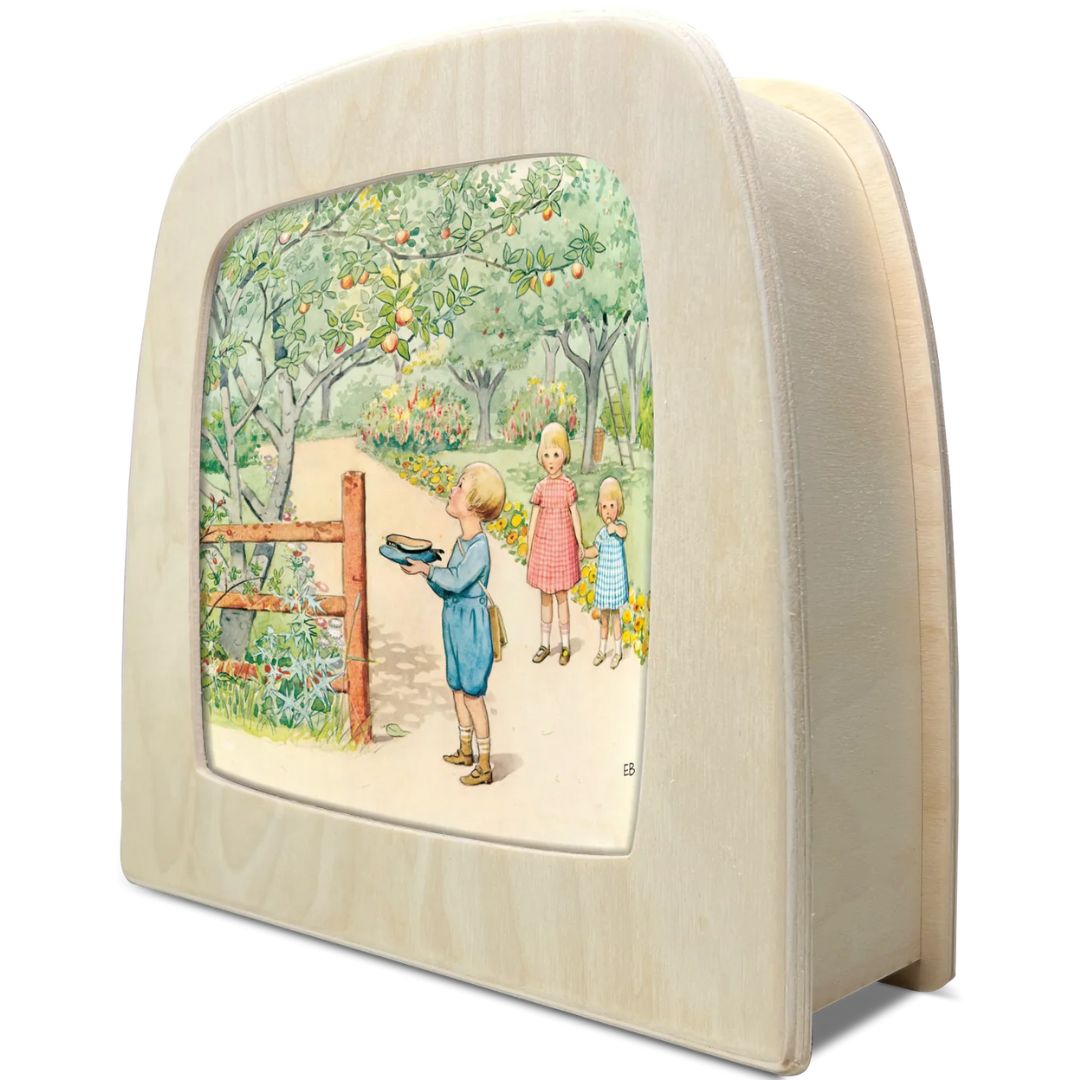 Toverlux toverlamp met de september illustratie van kinderen in een appelboomgaard.