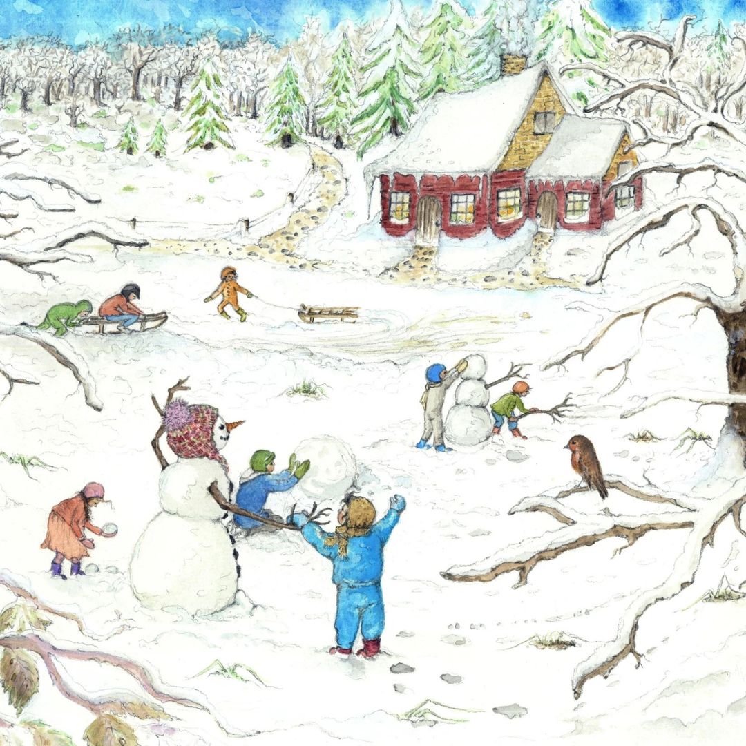 Illustratie van een winters tafereel met een rood huis en kinderen die sneeuwpoppen bouwen en sleeën.