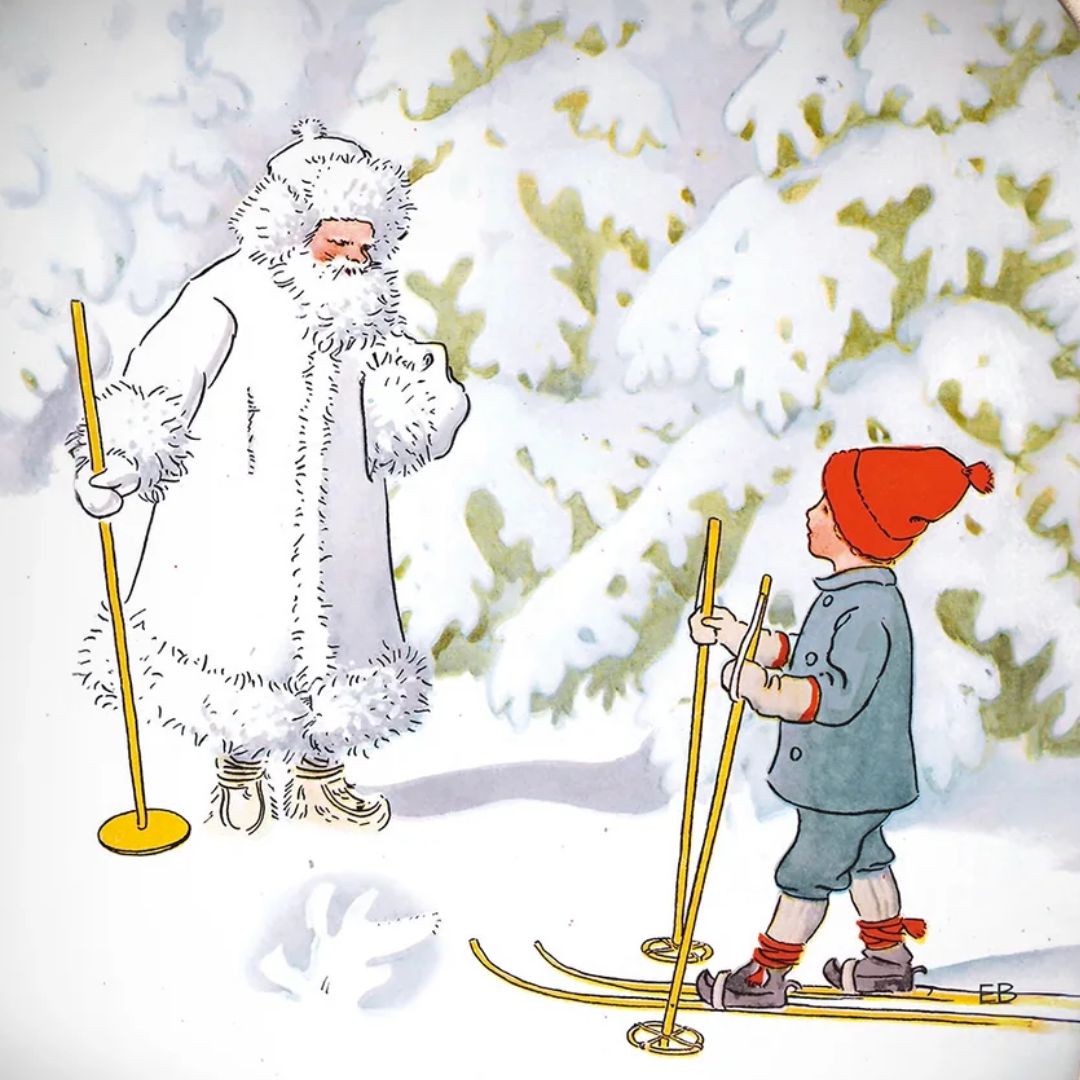 Illustratie van Jack Frost en een kind op ski's in een besneeuwd landschap.