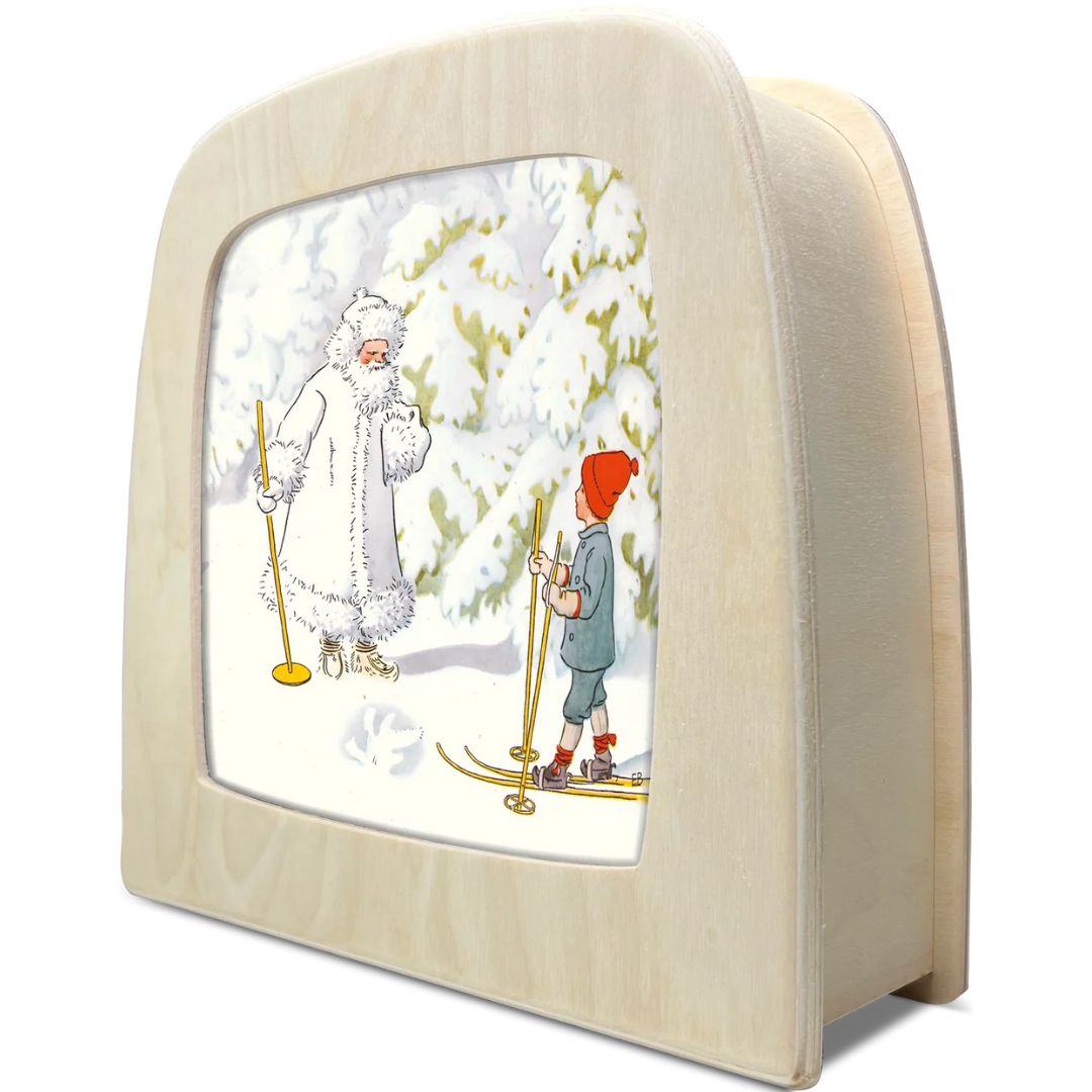 Toverlux toverlamp met de Jack Frost toverplaat, schuin van voren gefotografeerd.