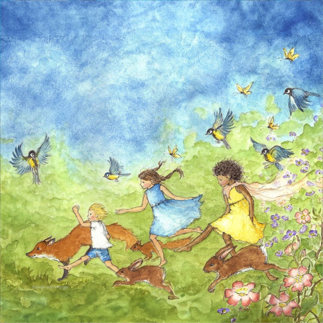 Gedetailleerde illustratie van een Toverlux toverplaat met kinderen, een vos en konijnen die rennen in een lentelandschap met vogels en vlinders.