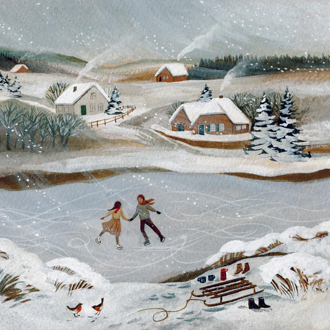 Illustratie van een winterlandschap met twee schaatsende figuren op een bevroren meer en besneeuwde huizen.