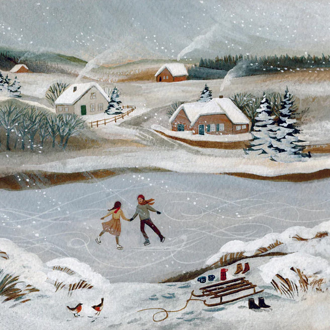 Illustratie van een winterlandschap met twee schaatsende figuren op een bevroren meer en besneeuwde huizen.
