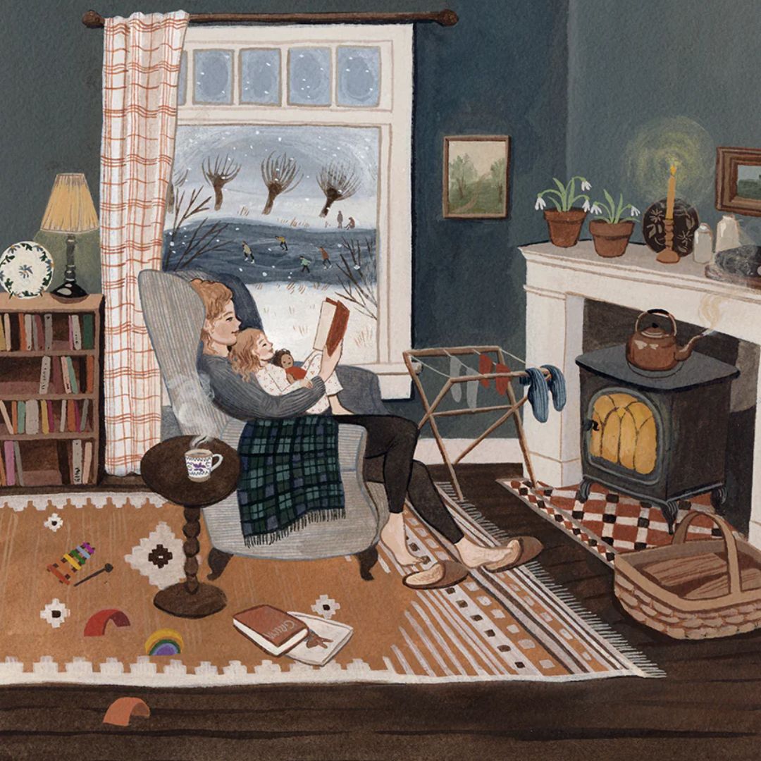 Toverlux toverplaat met een illustratie van een moeder en kind die lezen in een gezellige kamer met uitzicht op een besneeuwd landschap.