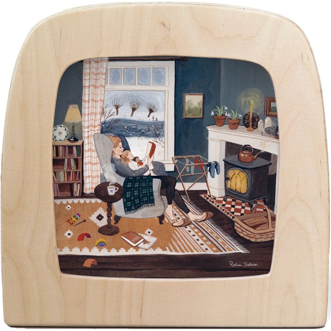Vooraanzicht van de Toverlux toverplaat 'sneeuw dag' in een houten toverlamp.