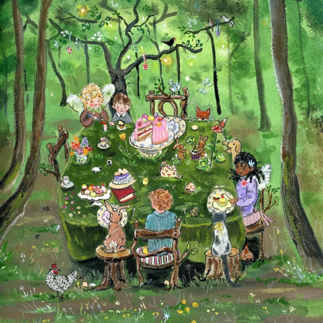 Toverlux toverplaat met een illustratie van een theekransje van kinderen en dieren in een groen bos.