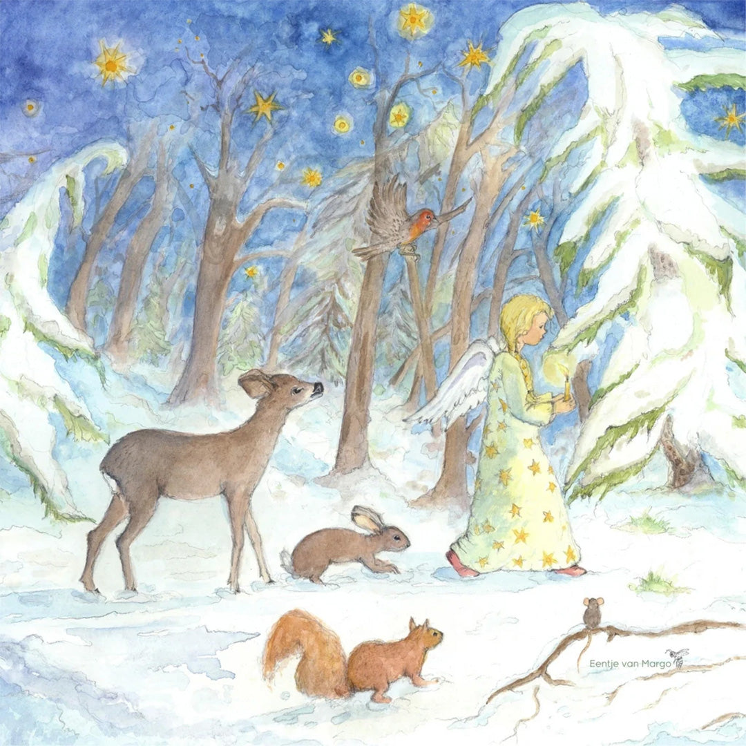 Toverlux toverplaat met een winterse illustratie van een engel, hert, konijn en eekhoorn in een besneeuwd bos.