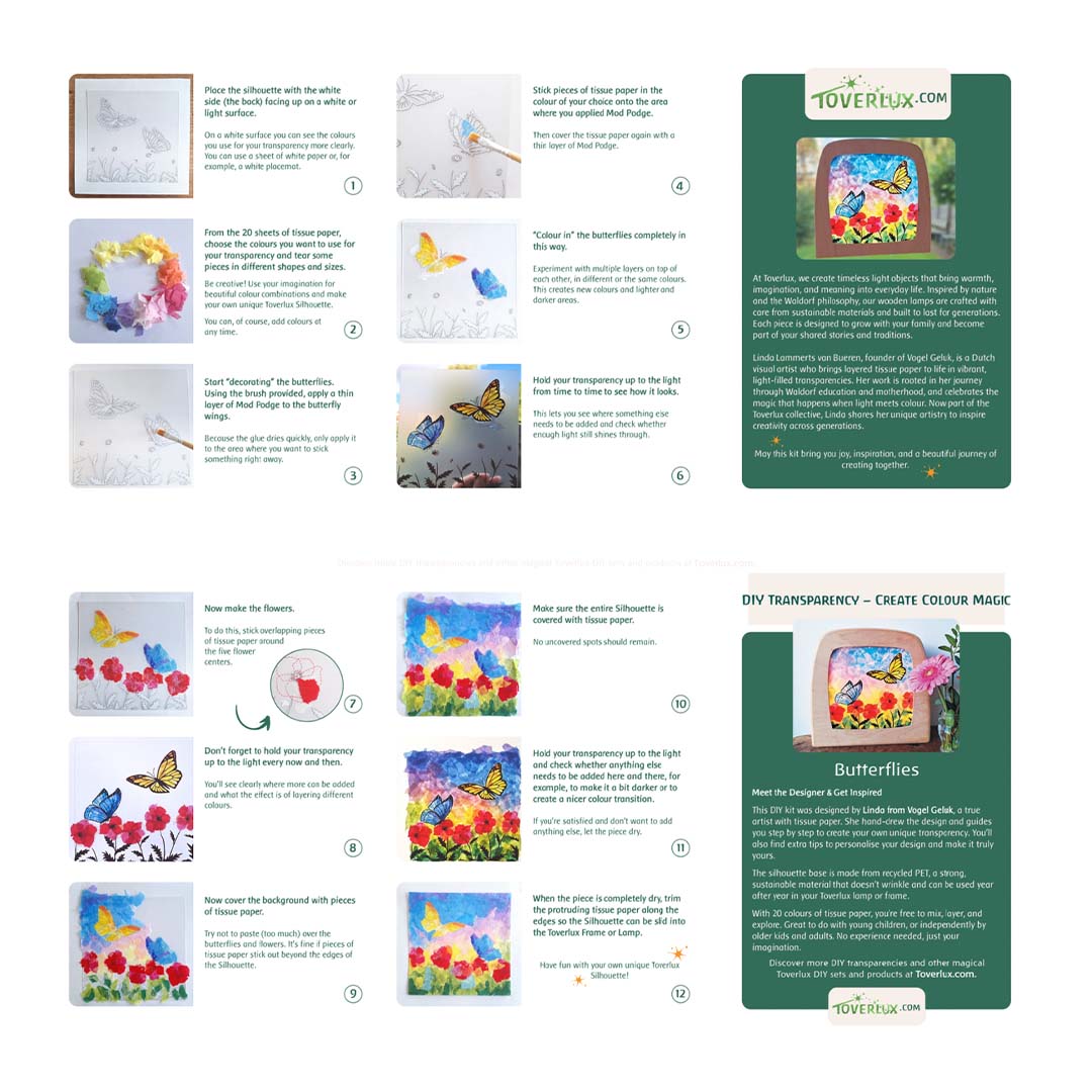 Infographic met instructies en voorbeelden voor het Toverlux knutselpakket met vlinders en bloemen.