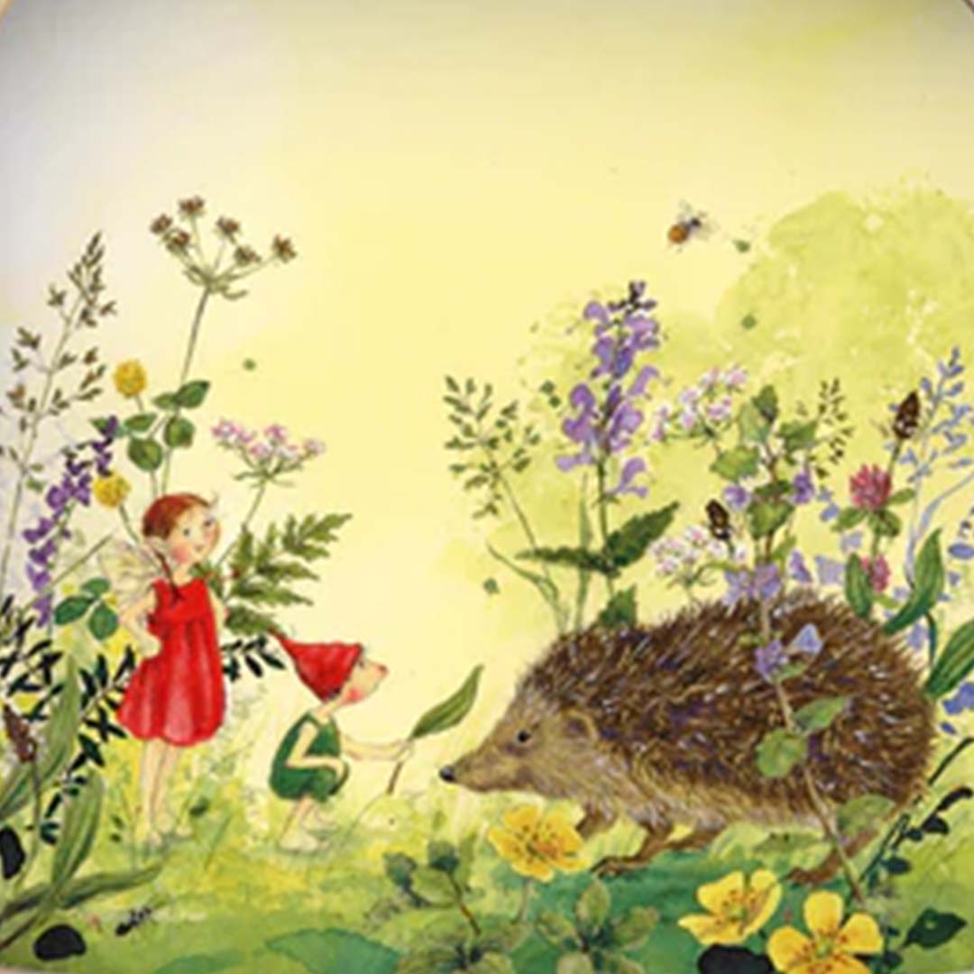 Toverlux toverplaat detail met een egel, fee en kabouter in een bloemenveld.