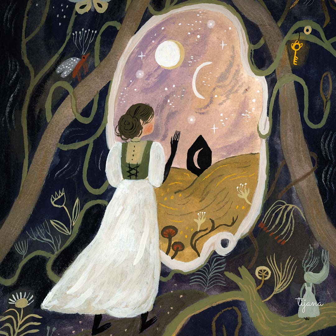 Detail van de Toverlux toverplaat met een vrouw die door een ovale poort naar een nachtelijke sterrenhemel kijkt, omringd door een magisch bos.