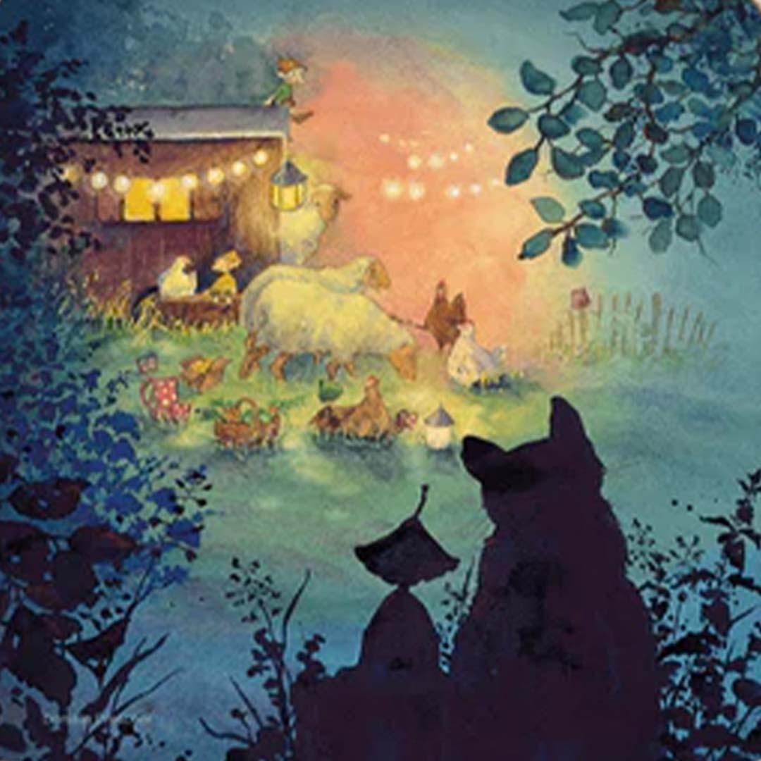 Toverlux toverplaat met een gedetailleerde illustratie van een schuurfeest met dieren en lichtjes.
