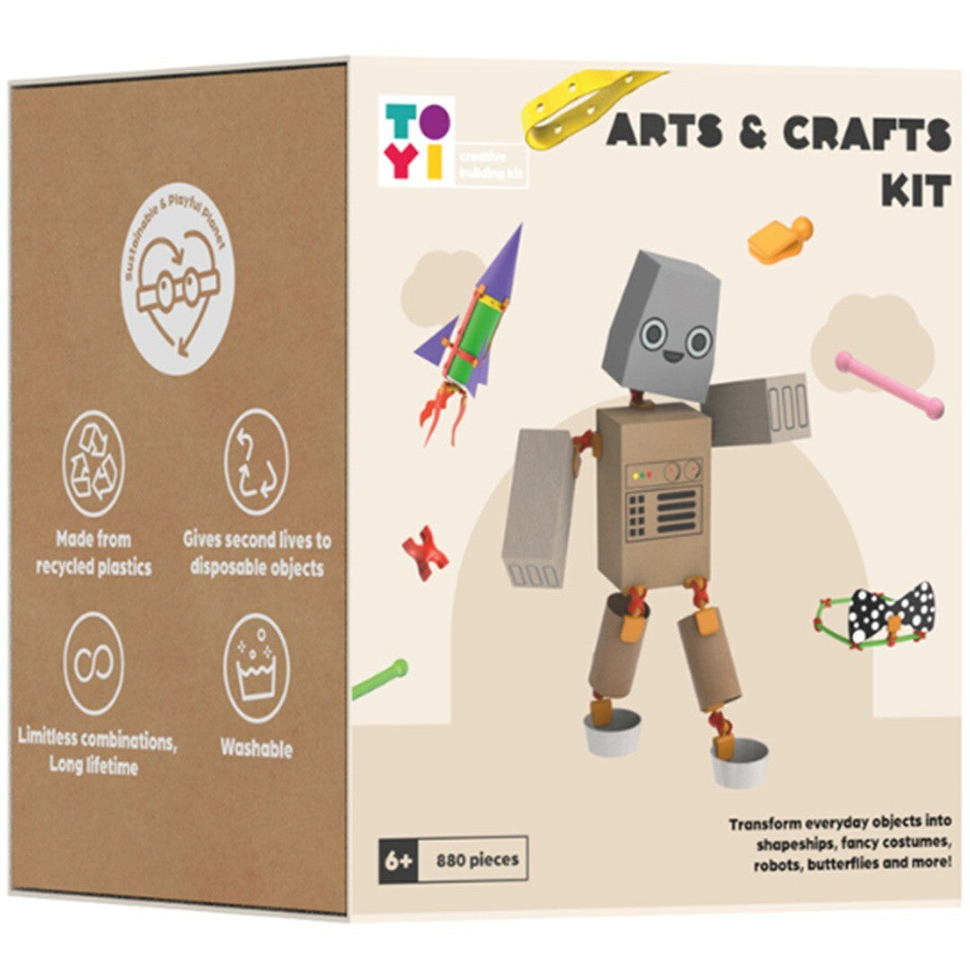 Toyi Arts & Crafts kit verpakking met afbeelding van een robot en raket gemaakt van gerecyclede materialen.