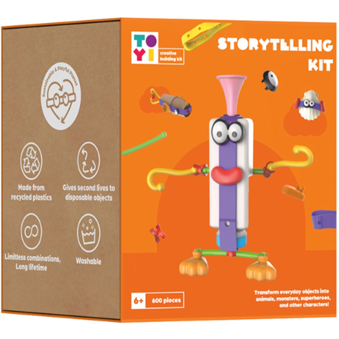 Toyi Storytelling Kit bouwpakket verpakking met een kleurrijk figuur gemaakt van een fles en bouwdelen.