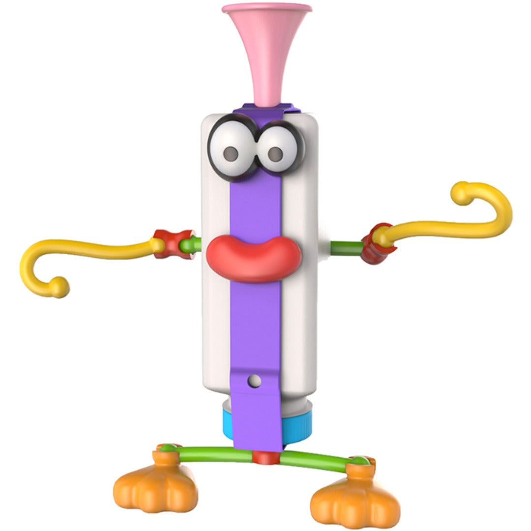 Een Toyi figuur gemaakt van een witte fles en paarse, rode, gele en roze bouwdelen.